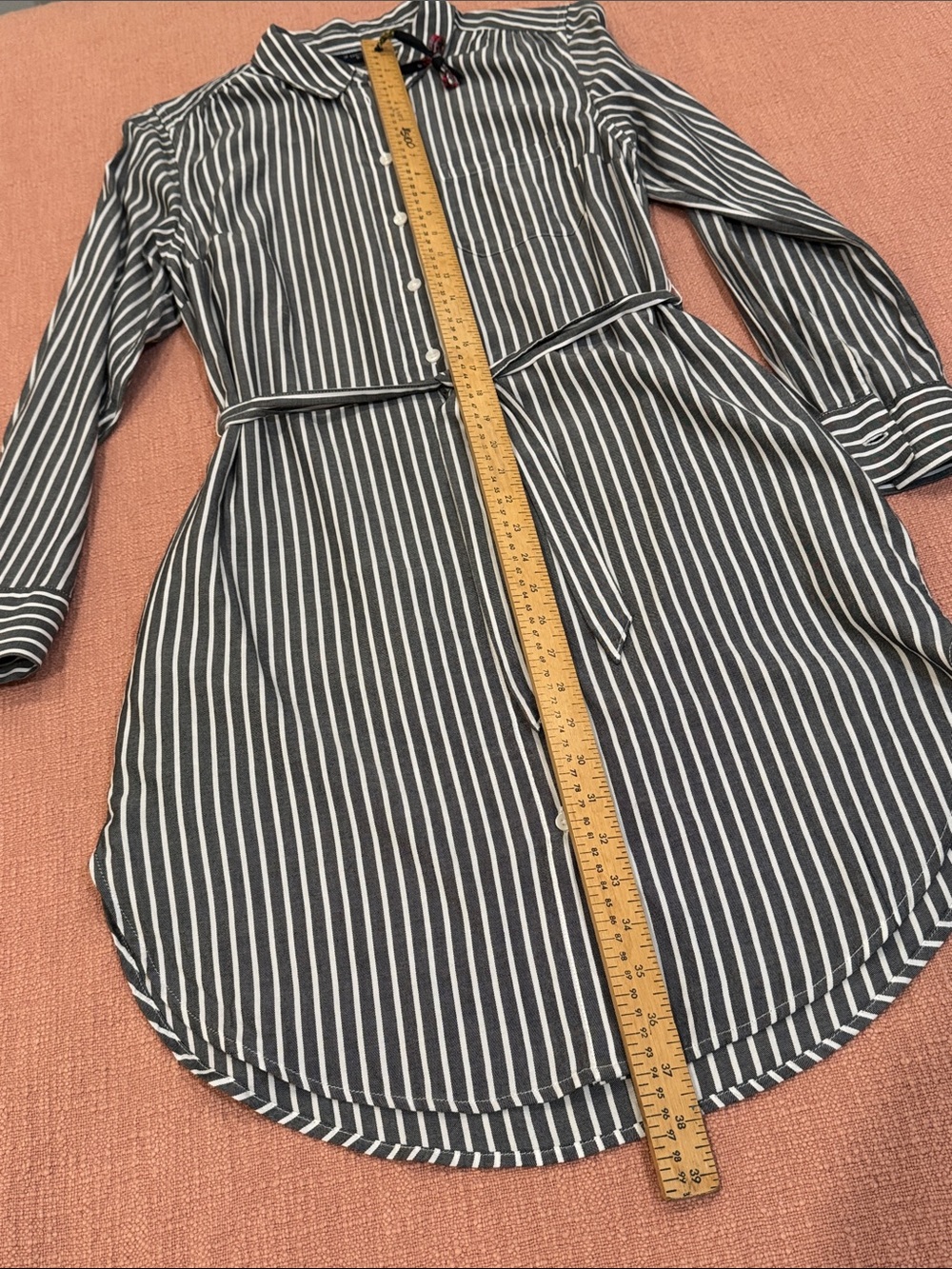 Black White Striped Shirt Dress - midi with fabric belt - Picture 3 of 16